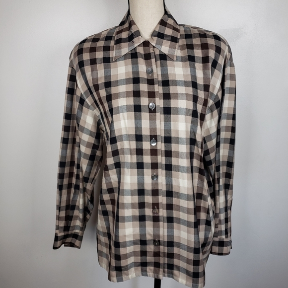 Vintage 90's Designer Dana Buchman Brown & Cream Plaid Silk Button Down Top 6 - Picture 3 of 16